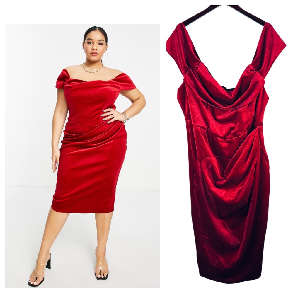 ASOS Design Curve 18 1X 2X Dress Velvet Velour Red Holiday Off Shoulder Ruched